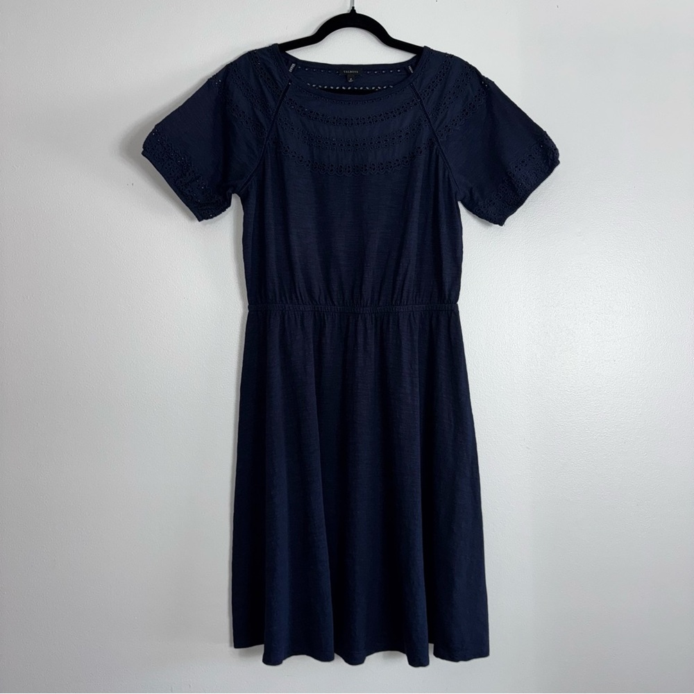 Talbots Navy Blue Eyelet Lace Detail Midi SS Slub Knot Cotton Dress Size Medium - Picture 1 of 8